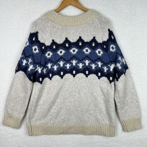 Aerie Women's Medium Fair Isle Nordic Sweater Blue Ivory Wool Blend Chunky Knit - Picture 12 of 14